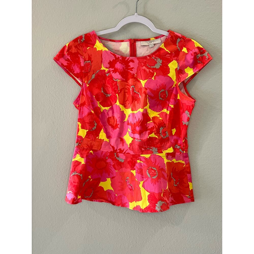 LOFT Floral Print Peplum Cap Sleeve Bright Orange Pink Yellow Top Size 4